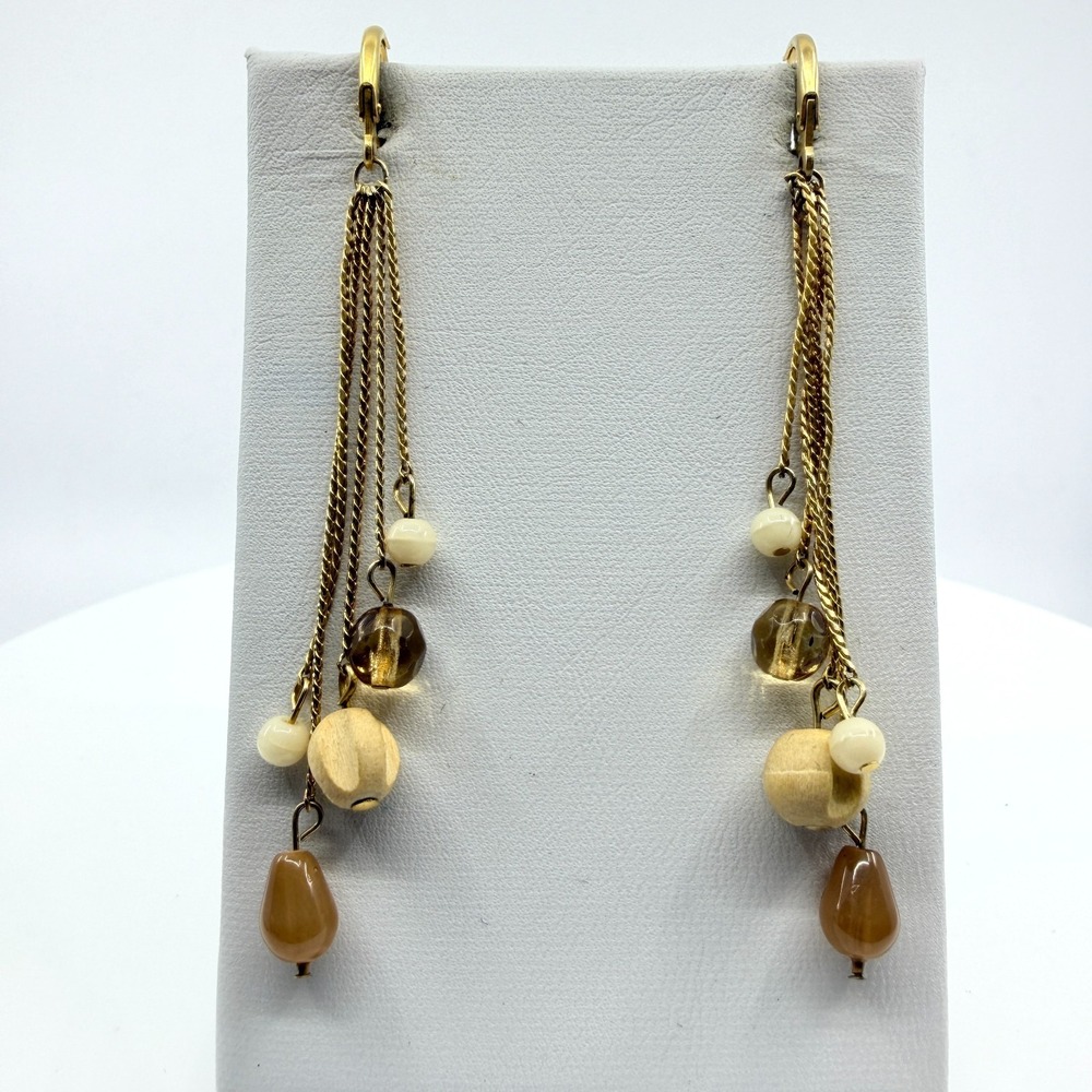 Vintage Gold Tone Multi Strand Tassel Dangle Earrings Boho Beads